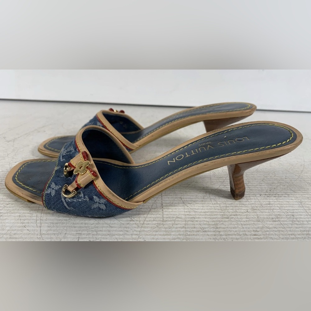 Louis Vuitton Blue Monogram Denim Kitten Heels Mules Slides SZ EU38 US8 - Picture 3 of 8